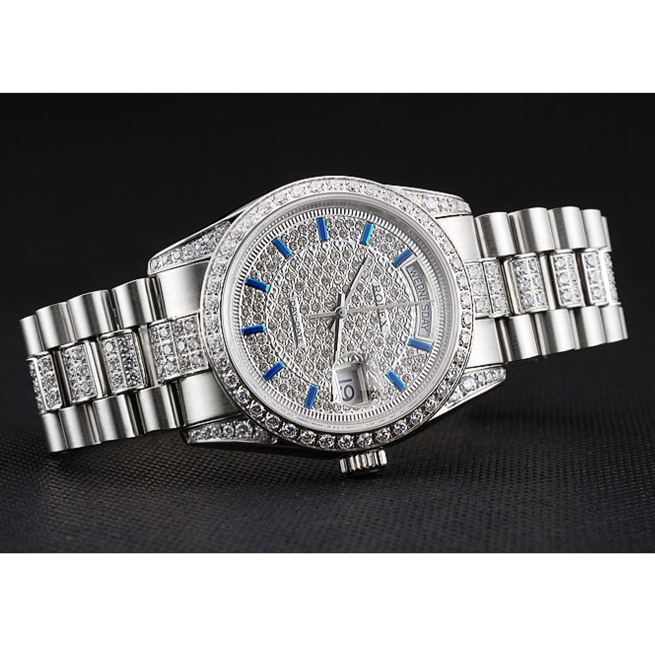 MiroTime 1026 Swiss Rolex Day Date Diamond Pave Dial And Bezel And Stainless Steel Bracelet